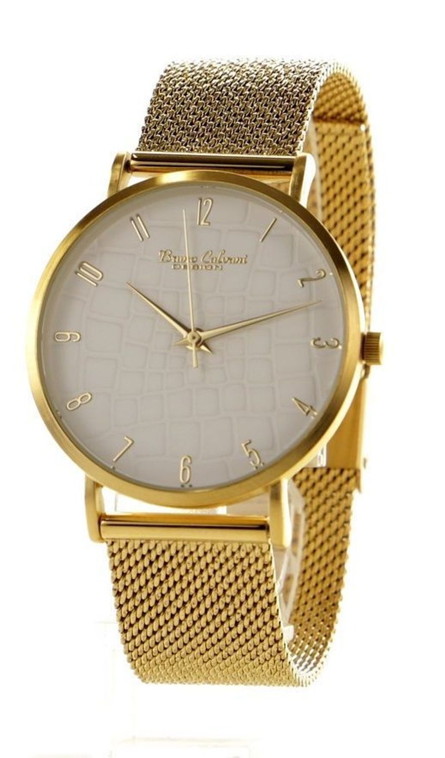 Zegarek damski na bransolecie mesh z cyframi Bruno Calvani BC90550 Gold Zegarek na prezent dla kobiety. Damski zegarek z cyferkami. Damski tani zegarek w złotym kolorze..jpg